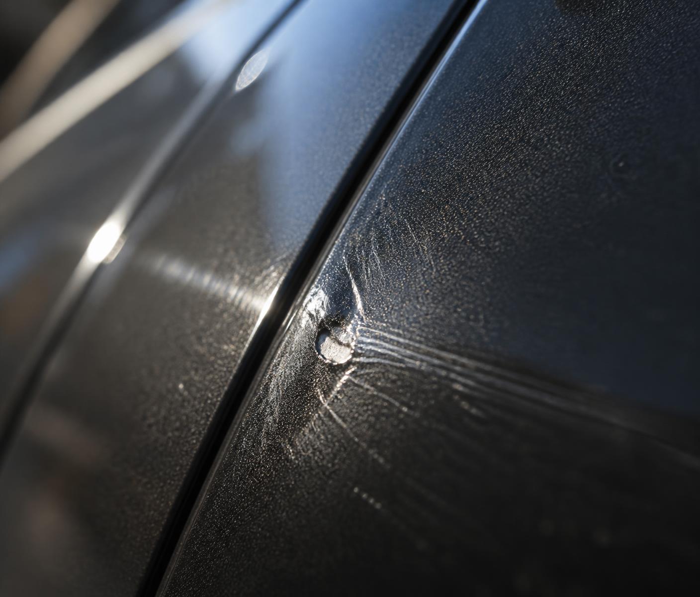 Close-up of damage on the paintwork of a new vehicle panel